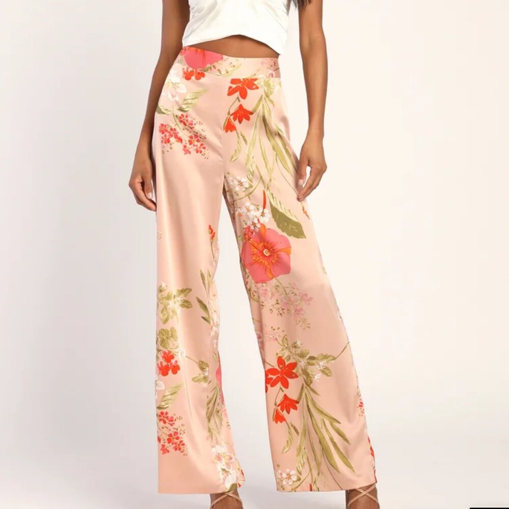 Lulus Light Pink Floral Print Satin Wide-Leg Pants Sz XL